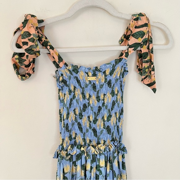 Palmacea Floral Smocked Bow Shoulder Maxi Dress Acacia Blue Yellow - Picture 7 of 9